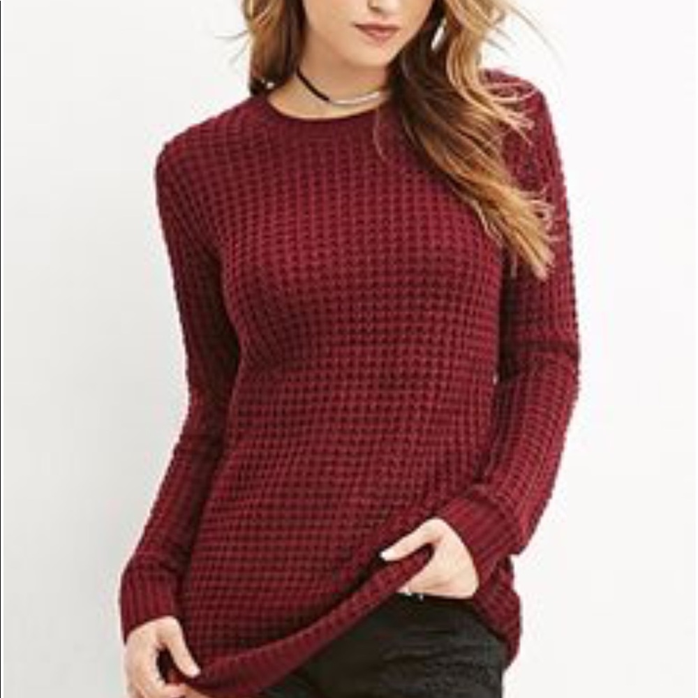 Burgundy open back cable knit sweater